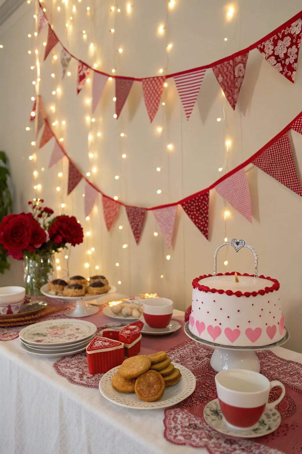 Whimsical pennants and garlands adding a festive touch to the tea celebration.