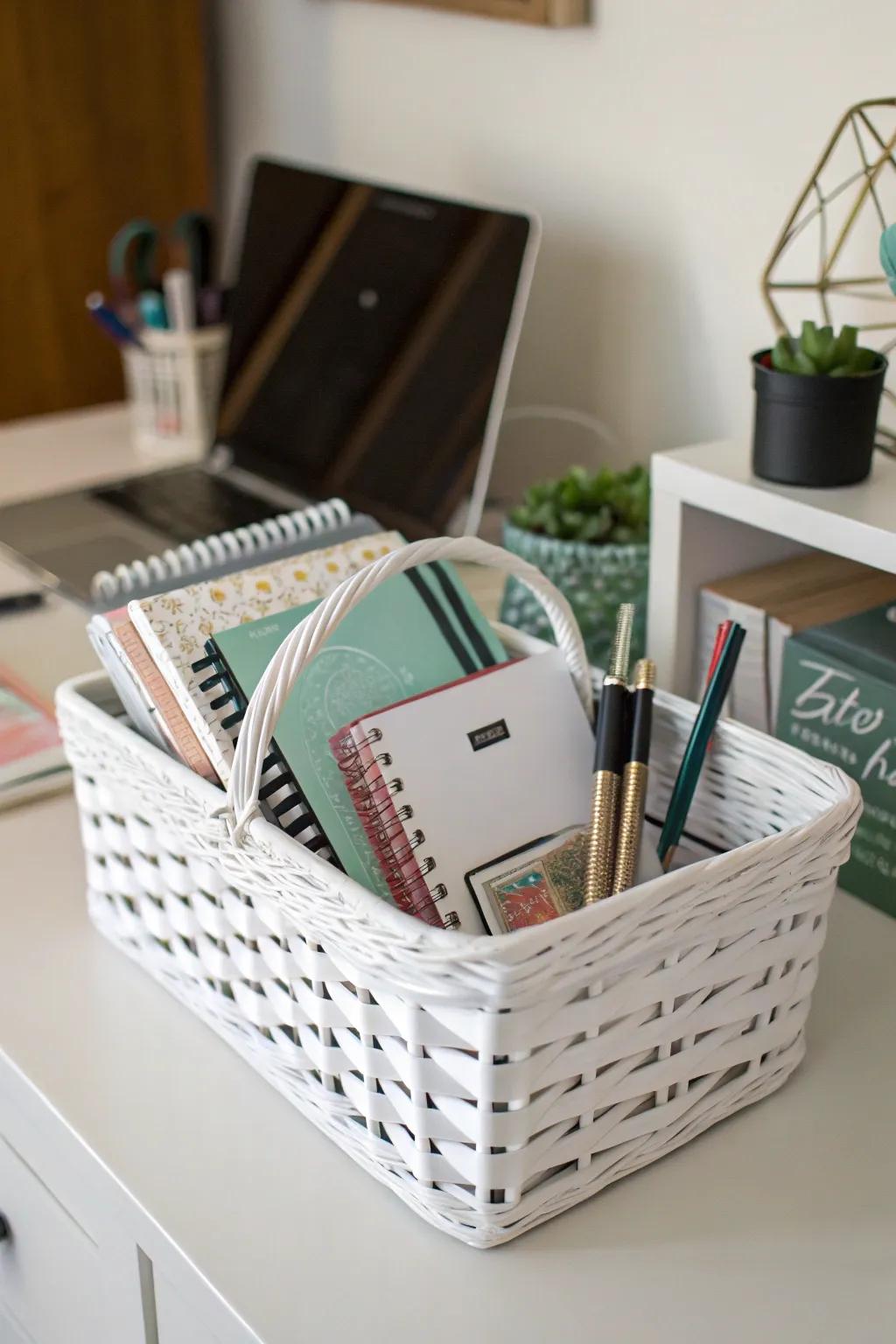 An elegant stationery set white gift basket for the organized soul.