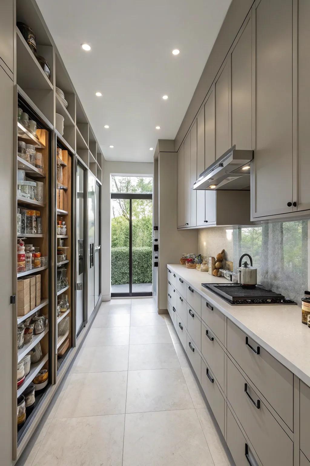 Vertical storage maximizing capacity in a roomy galley kitchen.