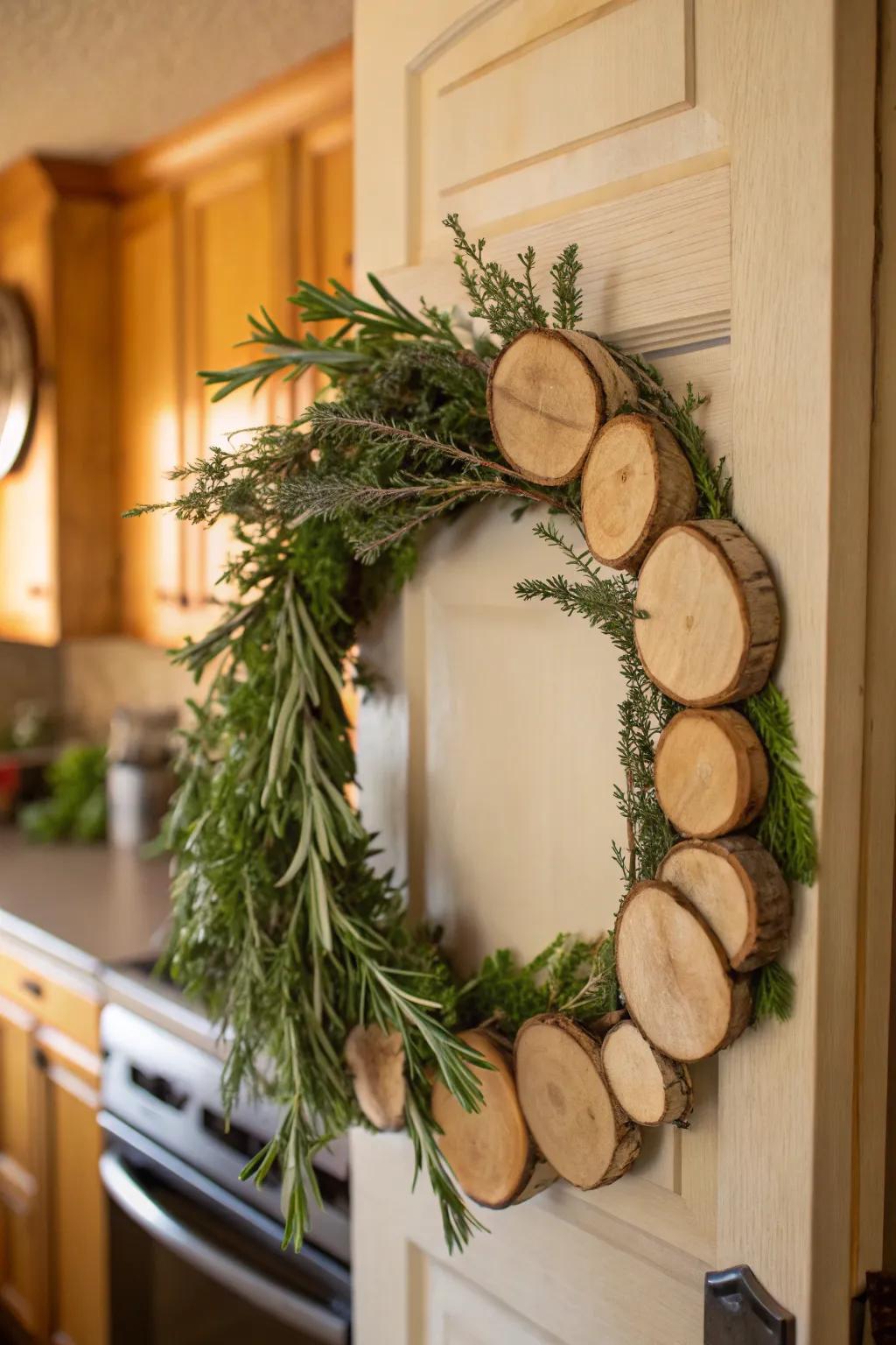 Herbal infusion in wooden circle wreath for a fragrant entry.