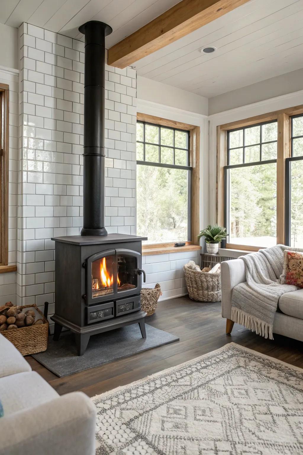 Metro tiles offer a sleek and advanced surround for your wood heater.