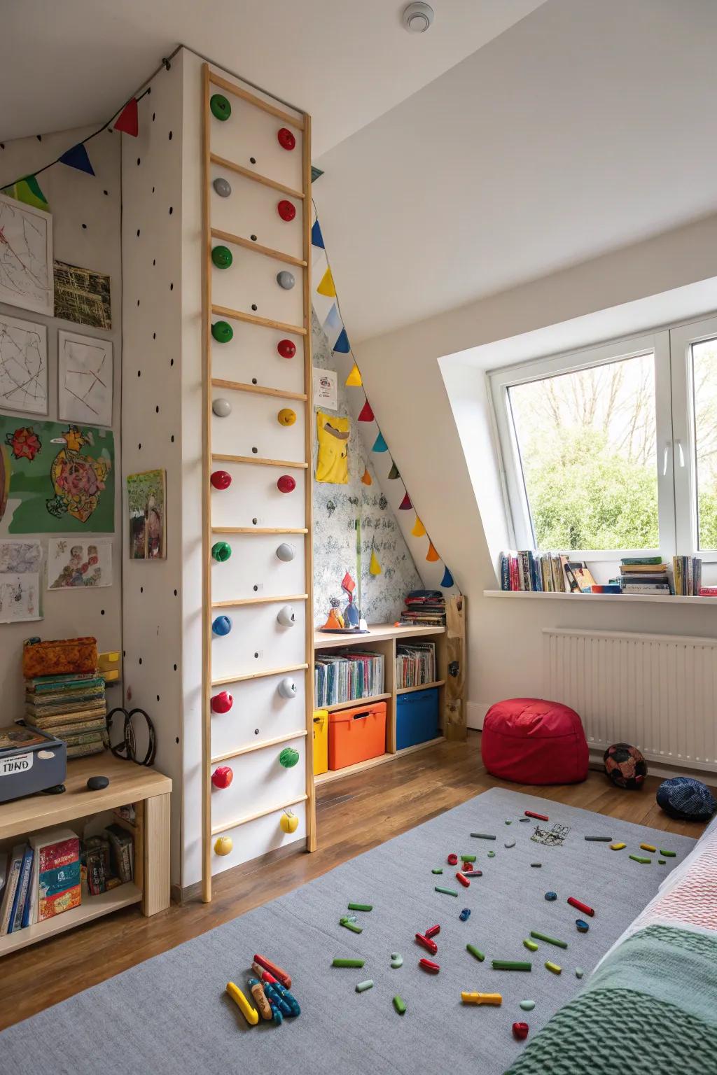 A climbing wall adds adventure and encourages physical activity.