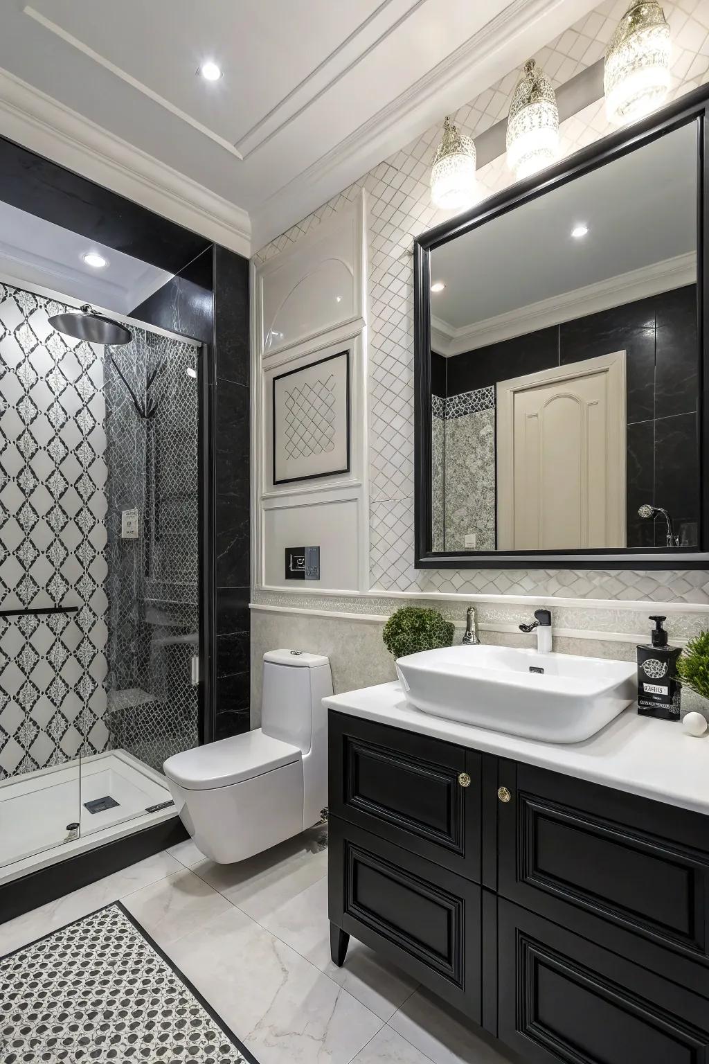 Single-shade elegance featuring a timeless black and white bathroom design.