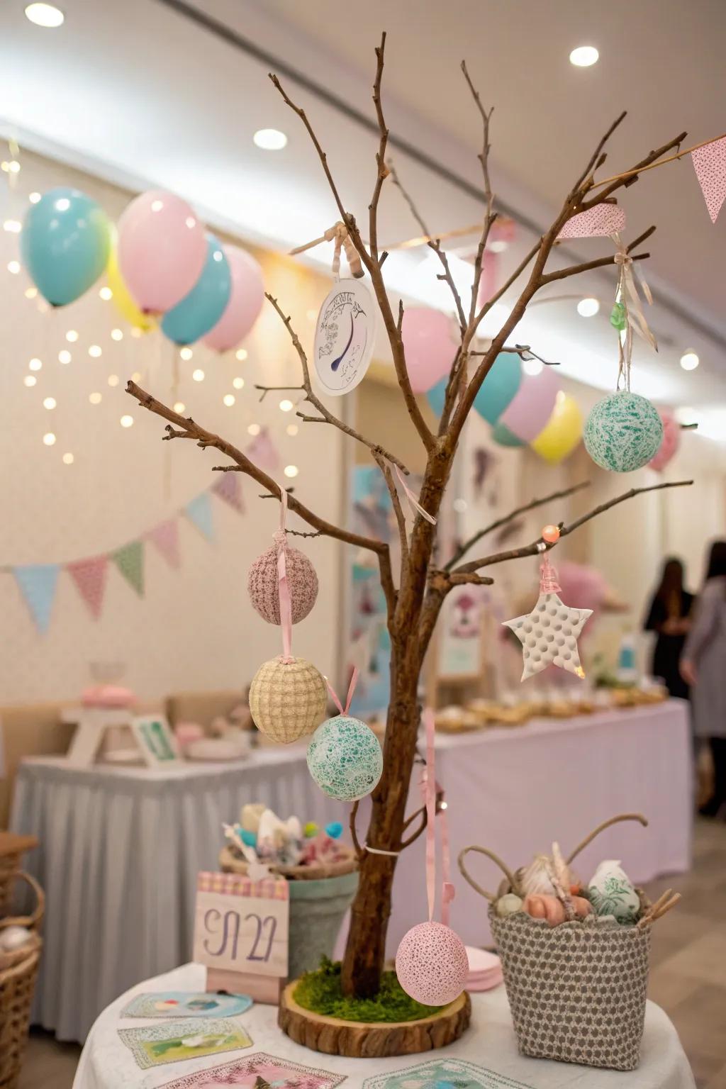 A DIY craft tree with handmade ornaments hanging.