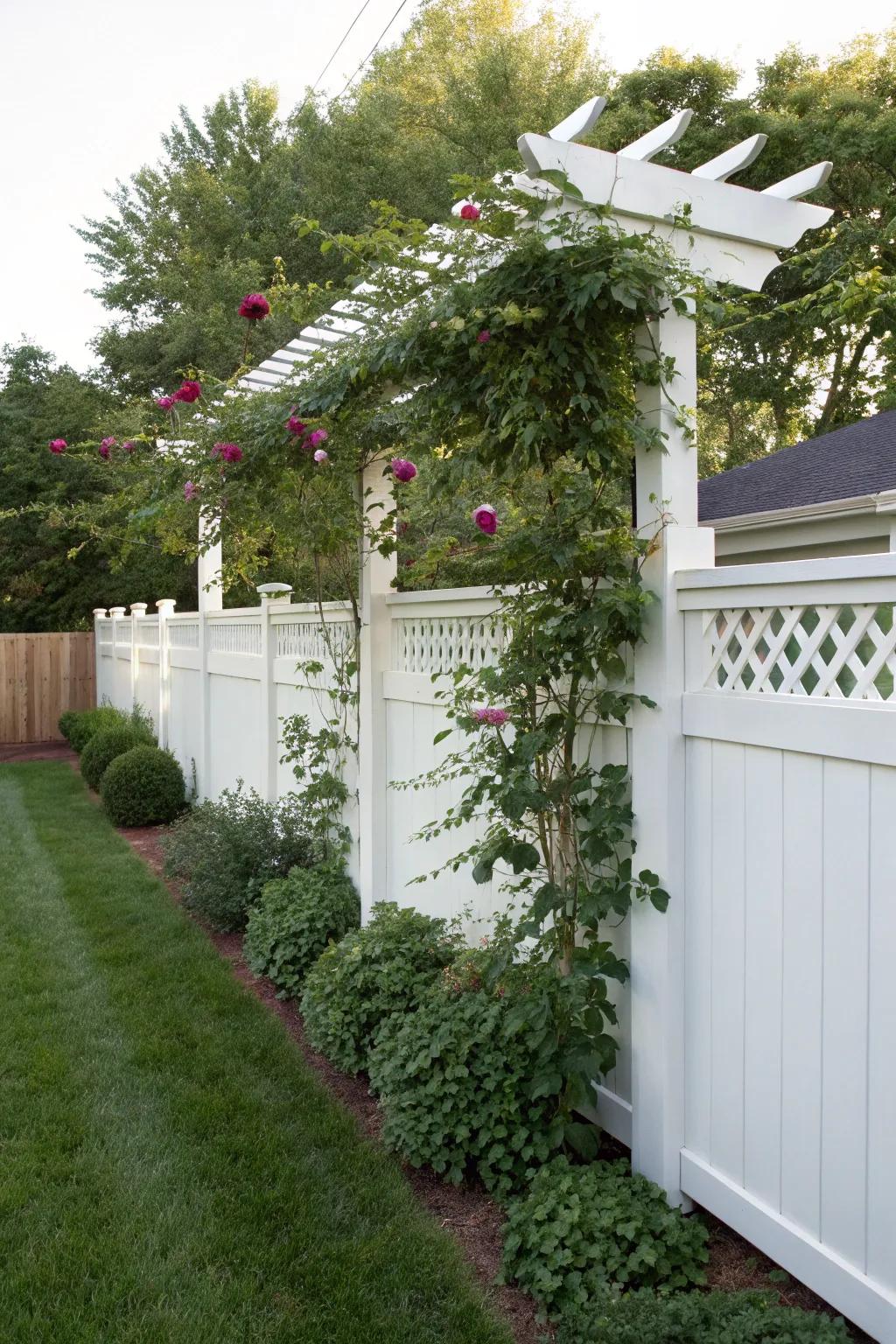 A trellis topper with climbing plants adds charm and height.