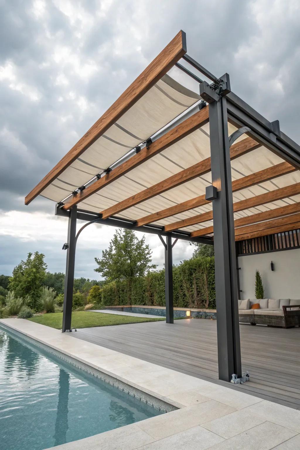 Layered materials bring texture and character to pergolas.