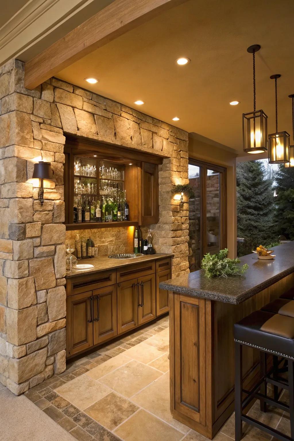 Genuine stone panels introduce elegance and an earthy vibe.