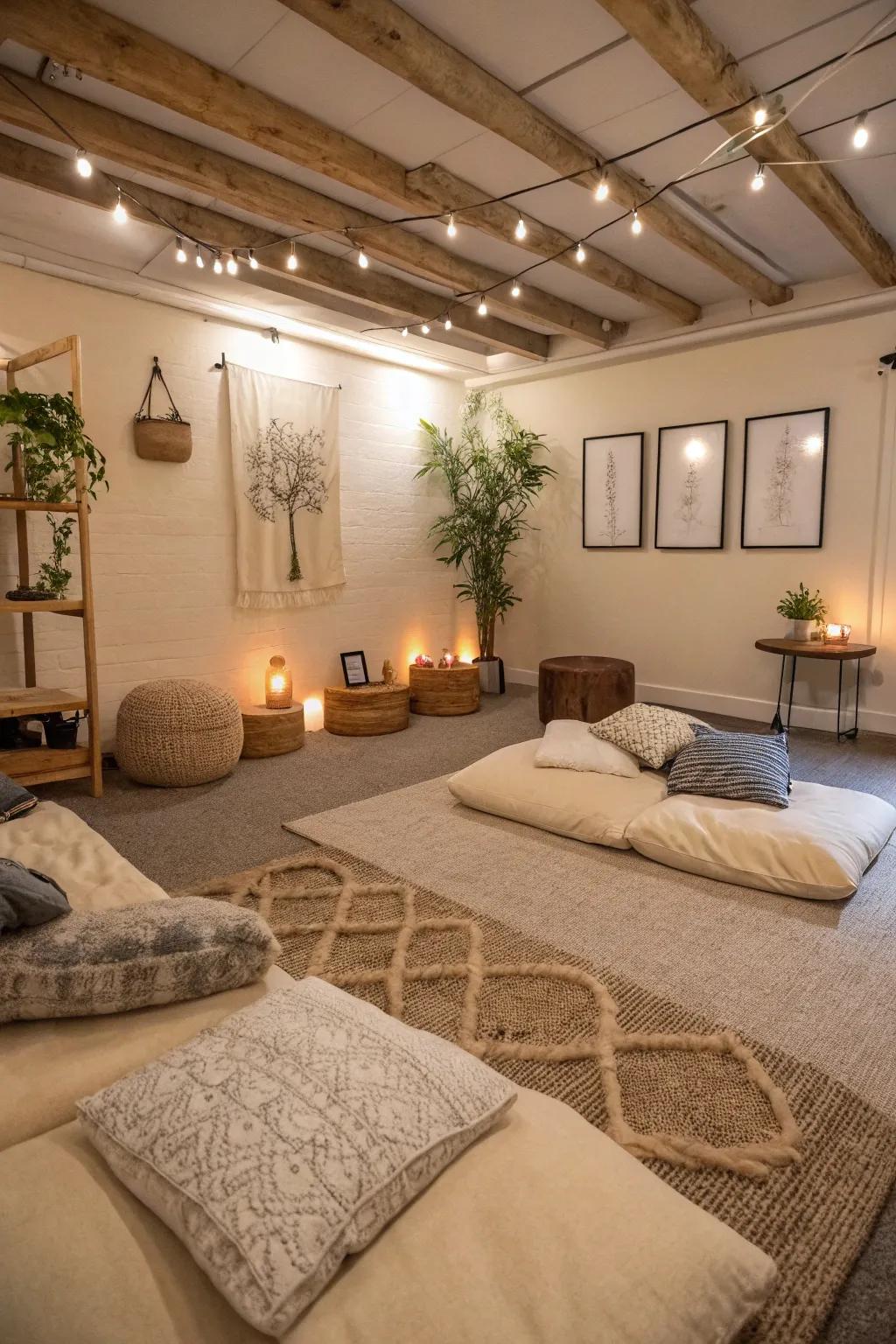 A peaceful basement zen retreat with calming decor.