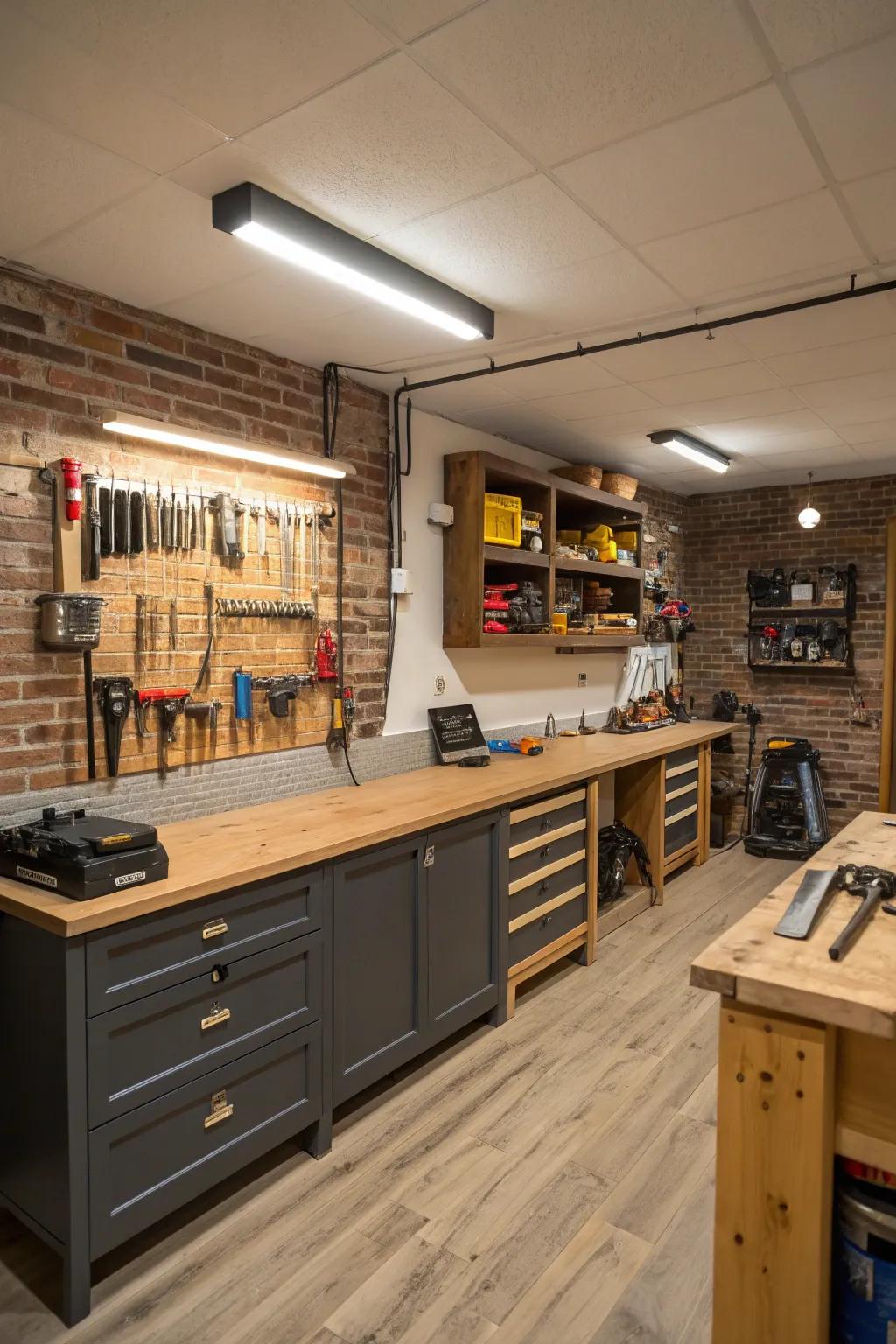 A functional workshop in the basement with ample counter space and tool storage.