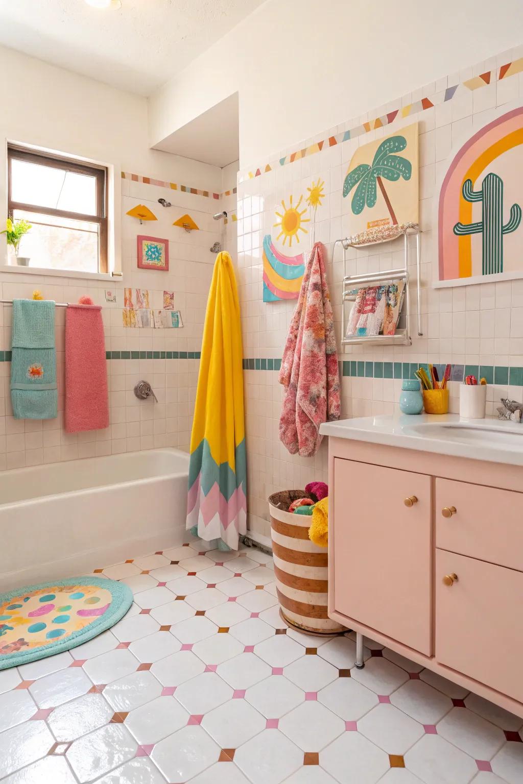 Pastel vinyl flooring brings a playful and cheerful vibe to this bathroom.