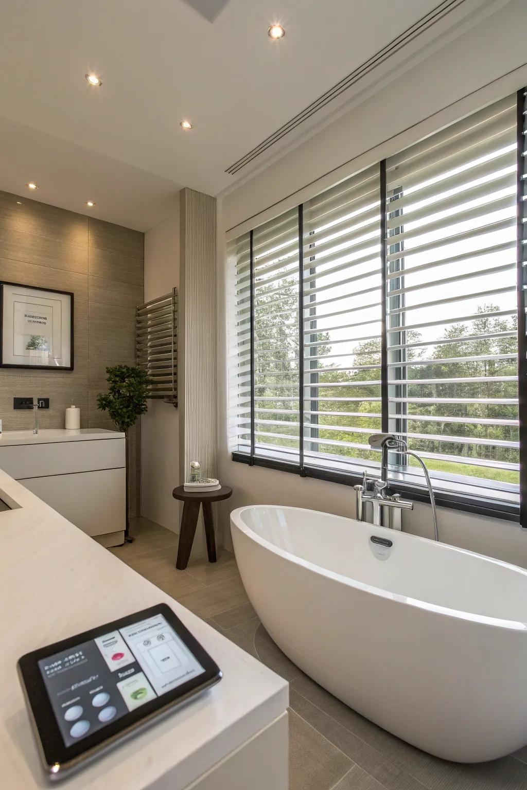 Modern convenience: Smart blinds for a tech-savvy bathroom.