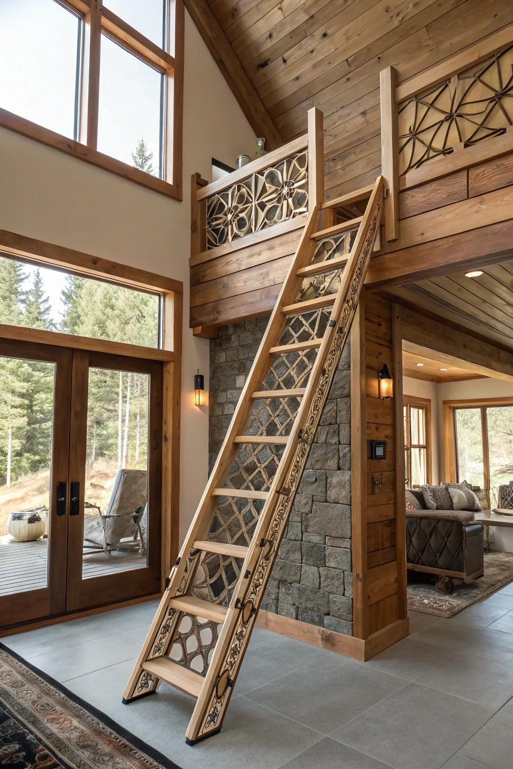 A loft ladder with a geometric design adds a contemporary flair to cabin interiors.