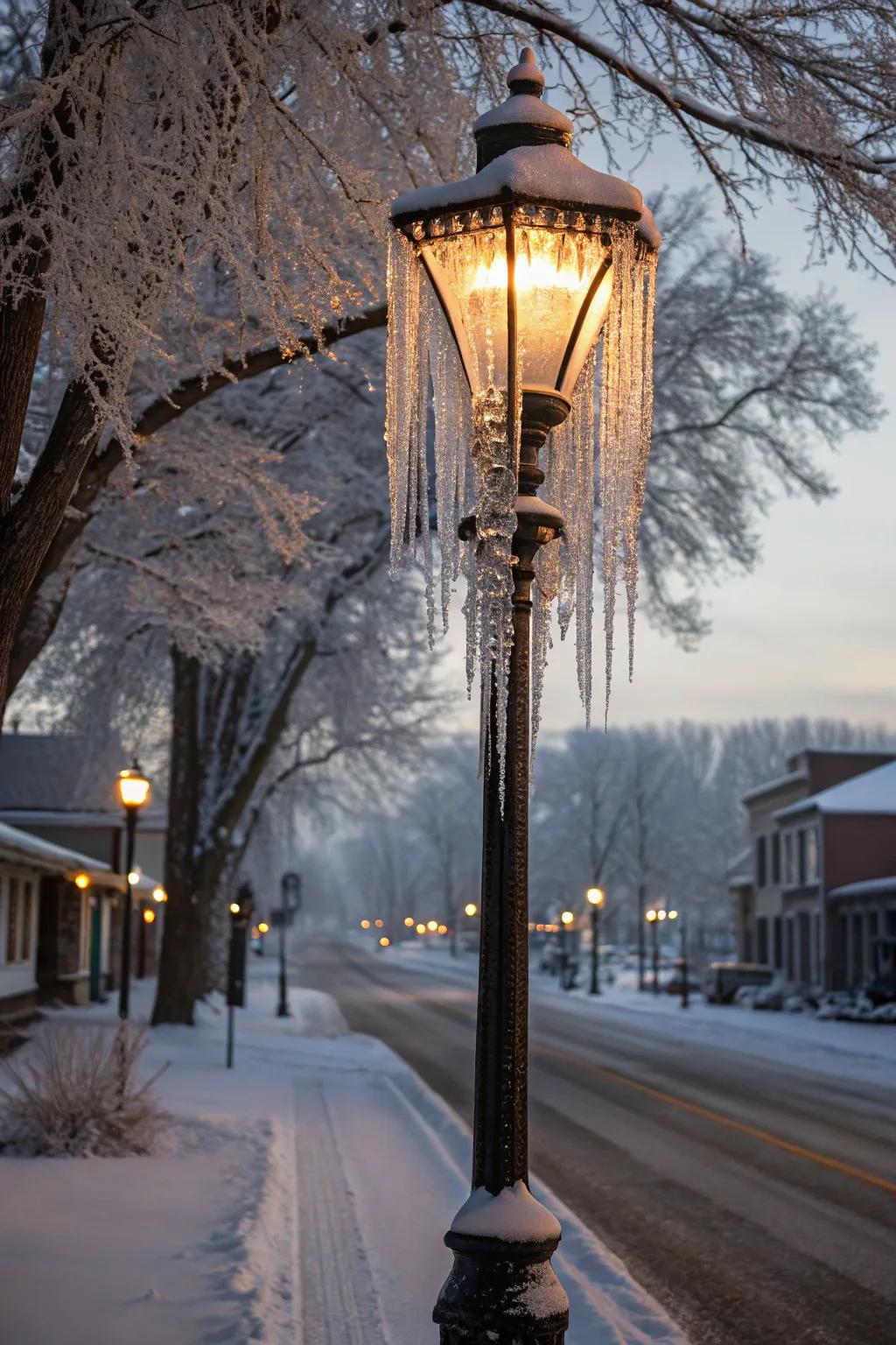 Glittering icicles add a magical touch to a lamp post.