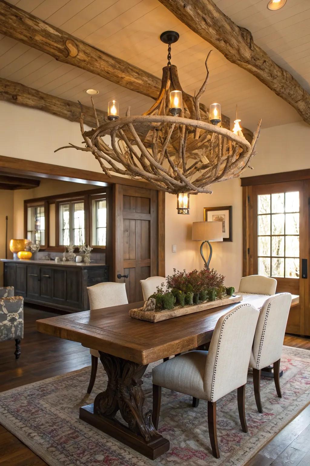 A driftwood chandelier provides a dramatic coastal centerpiece.