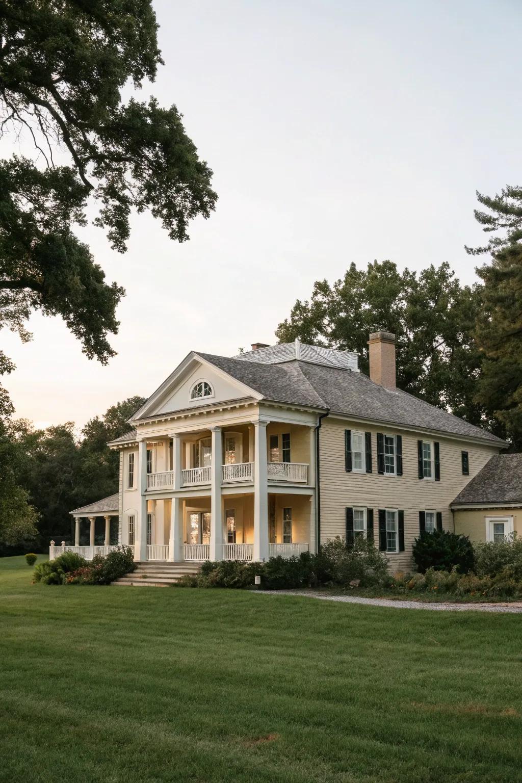 A modern colonial house featuring a beige facade and off-white trim.