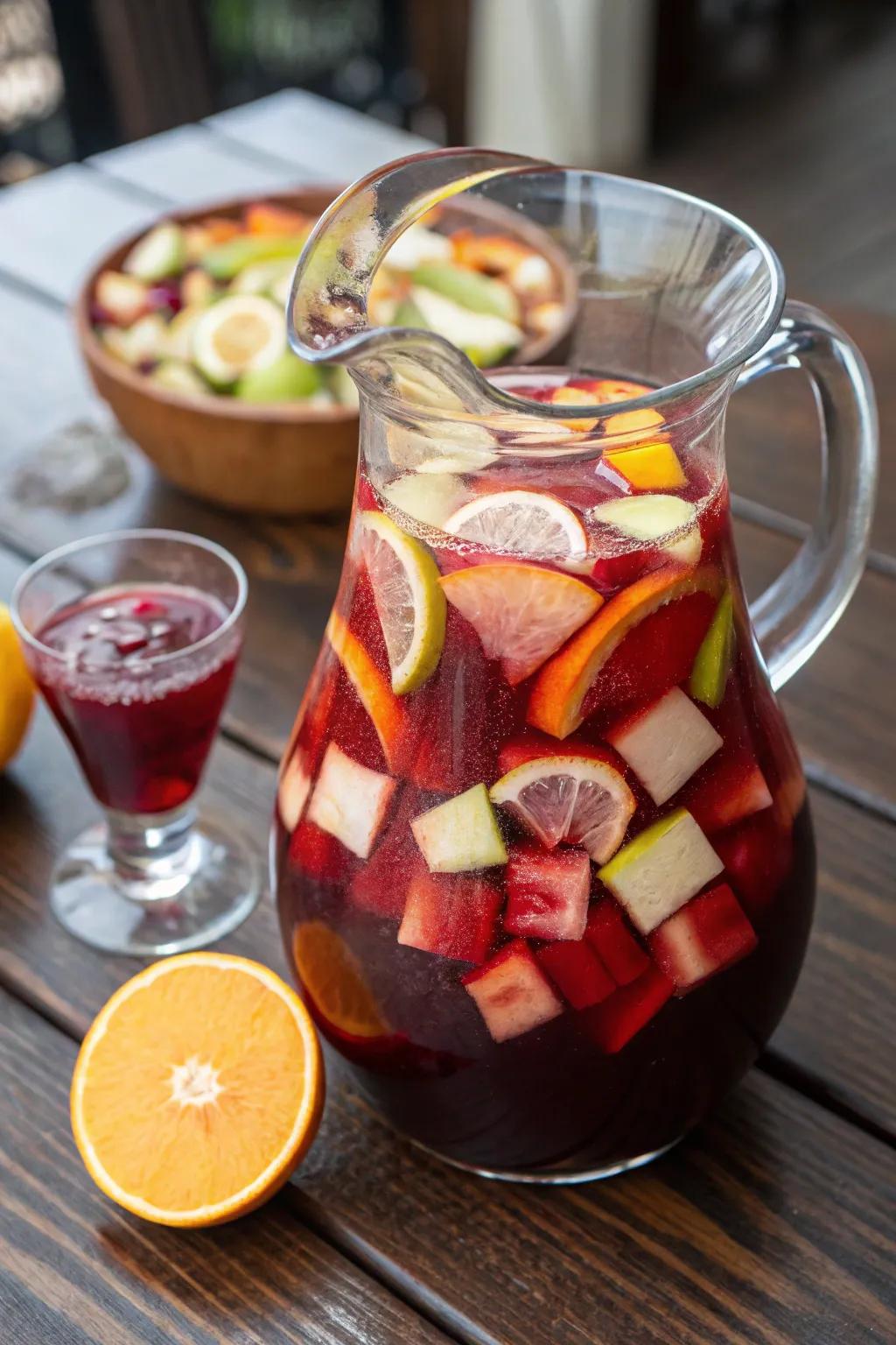 A vibrant pitcher of scarlet wine punch ready to be enjoyed.