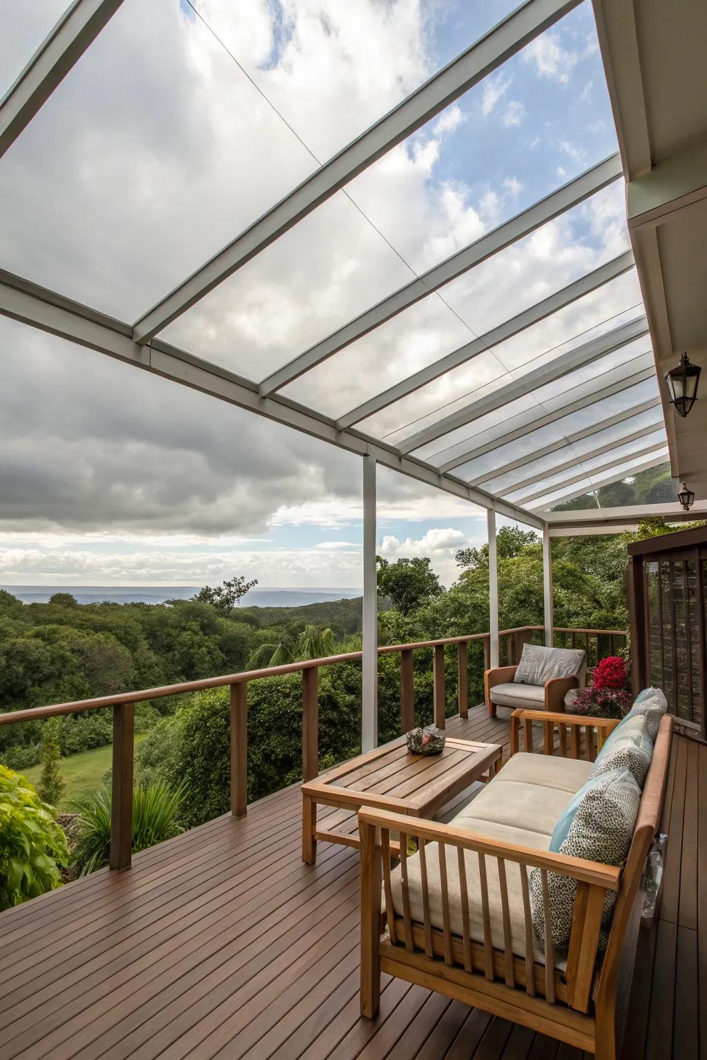 Transparent roofs allow natural light while protecting from the elements.