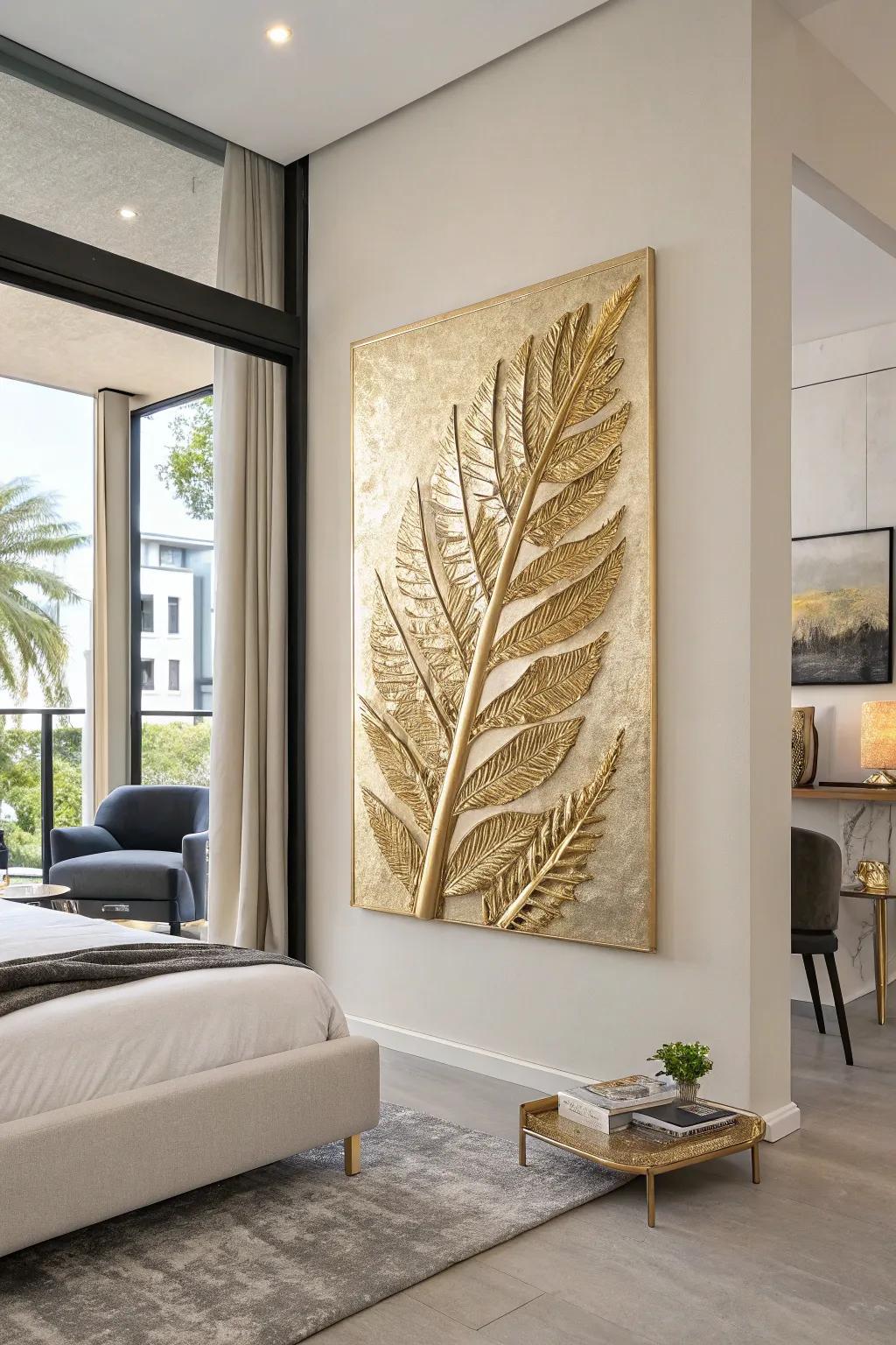 Gold leaf art adds a contemporary and luxurious touch to the decor.