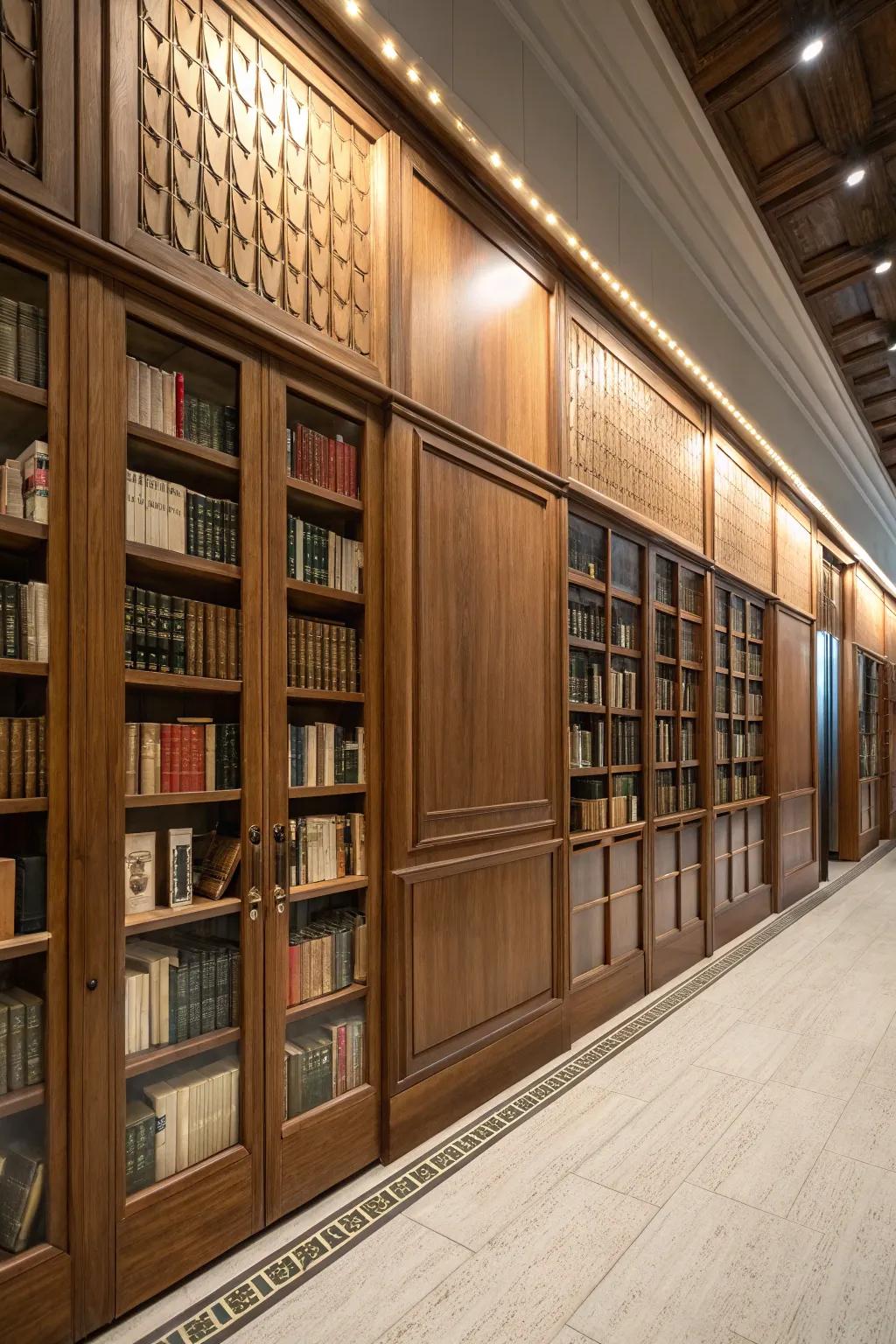 Hidden wall storage keeps books out of sight but not out of reach.