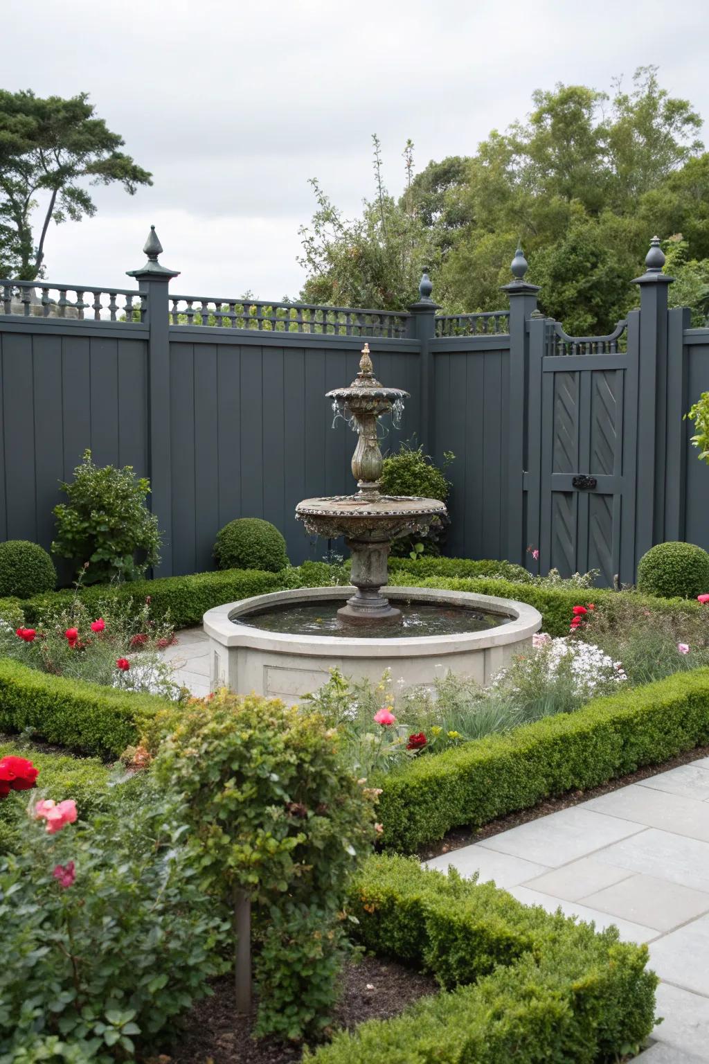 A dark grey fence highlights a beautiful water fountain as a garden focal point.