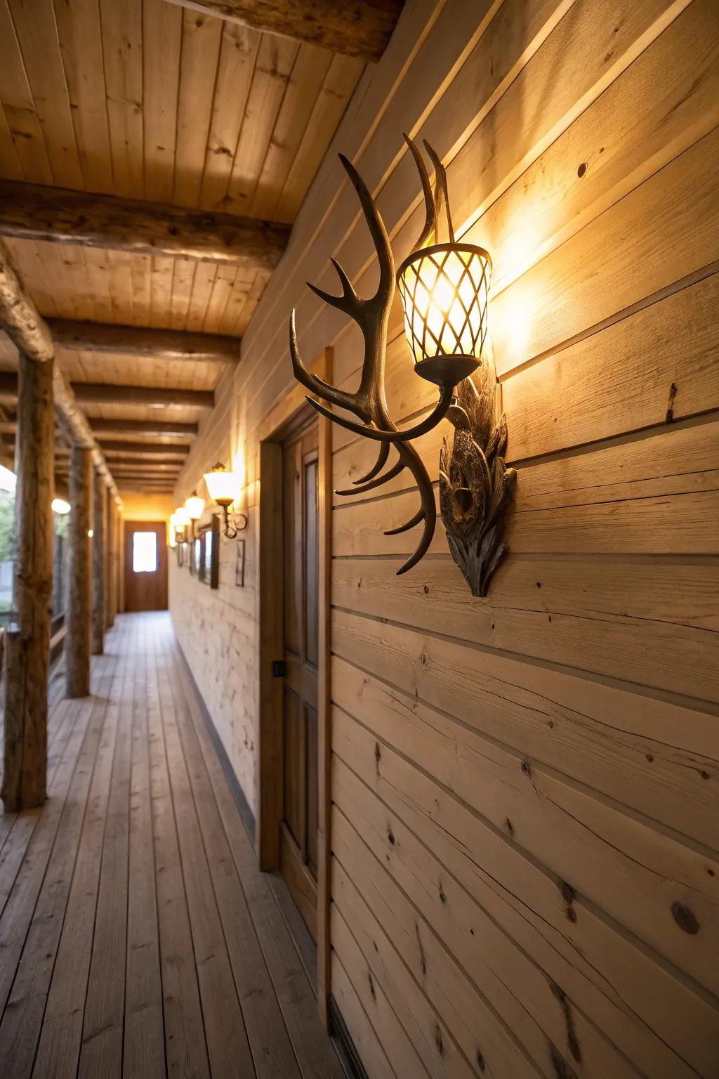 A deer antler wall sconce illuminates a rustic hallway with unique style.