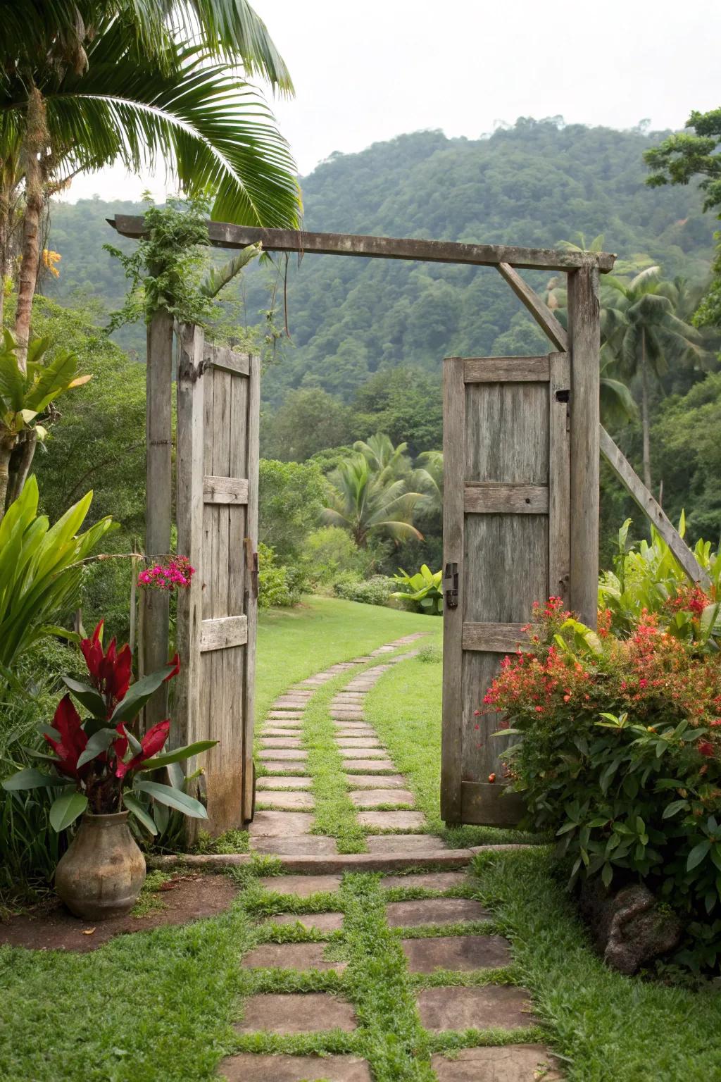 A tropical-inspired gate brings a touch of paradise home.