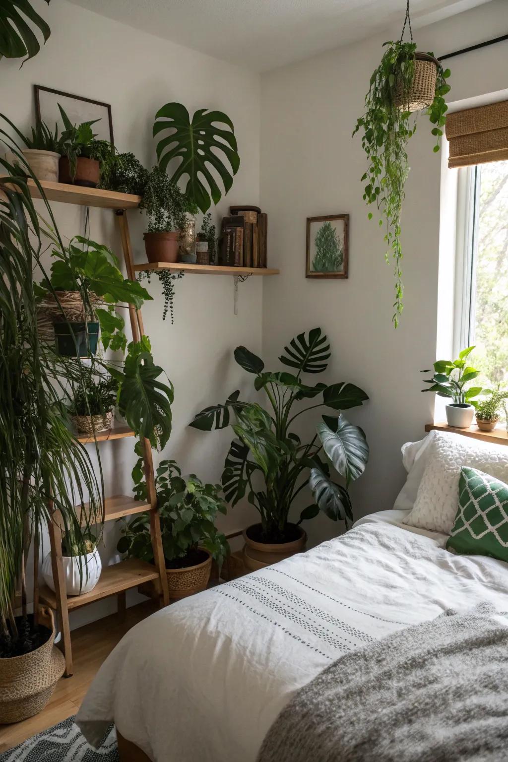 Dark green plants add life and contrast to the room.