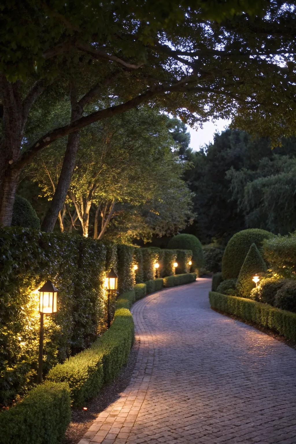 Hedges with integrated lighting illuminating a driveway beautifully.