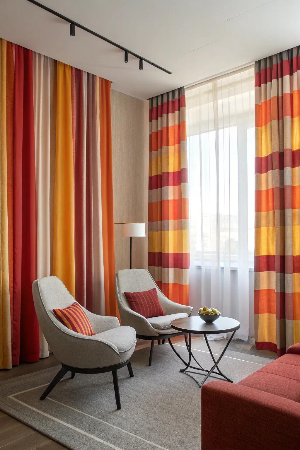 Bold stripes add dynamic movement to room decor.