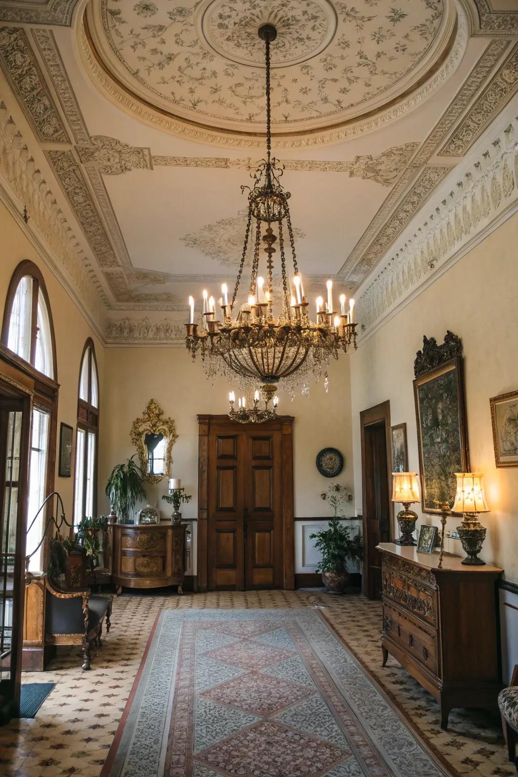 Vintage lighting adds charm and nostalgia to this foyer.