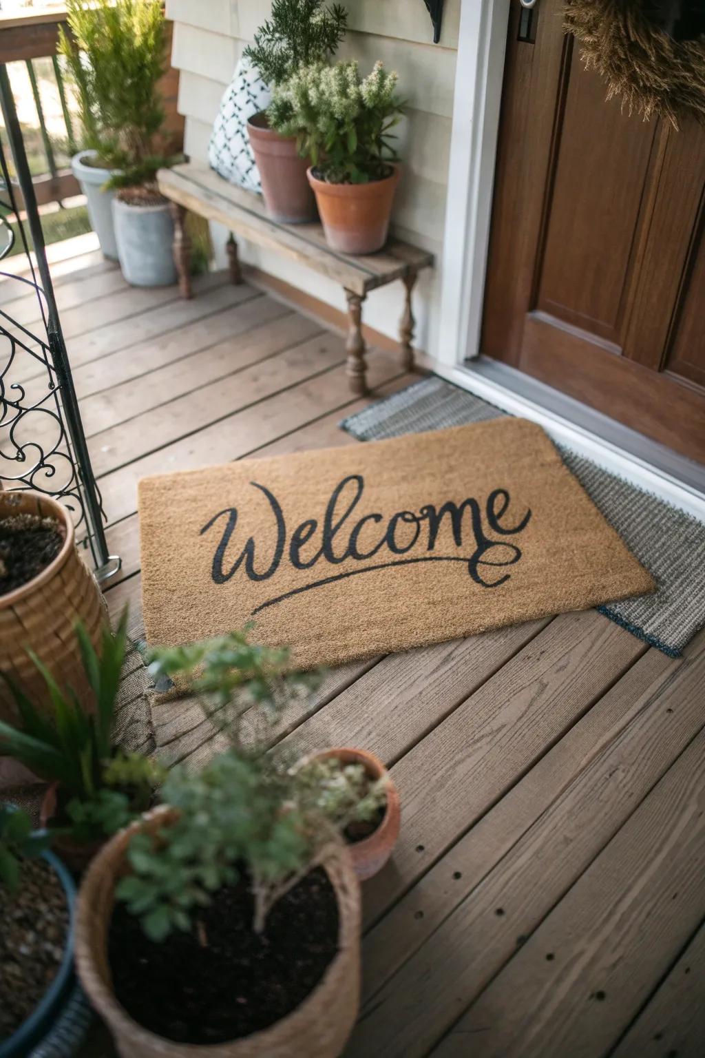 Handwritten script doormat offering a heartfelt welcome.