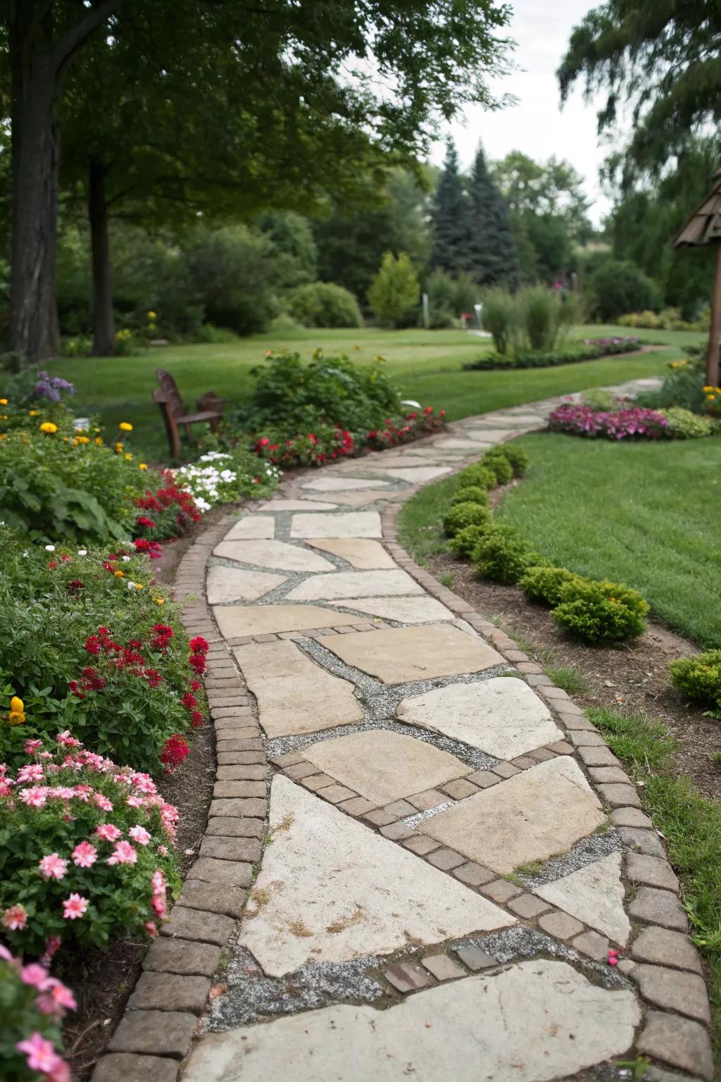 A flagstone path with creative borders enhancing its visual appeal.