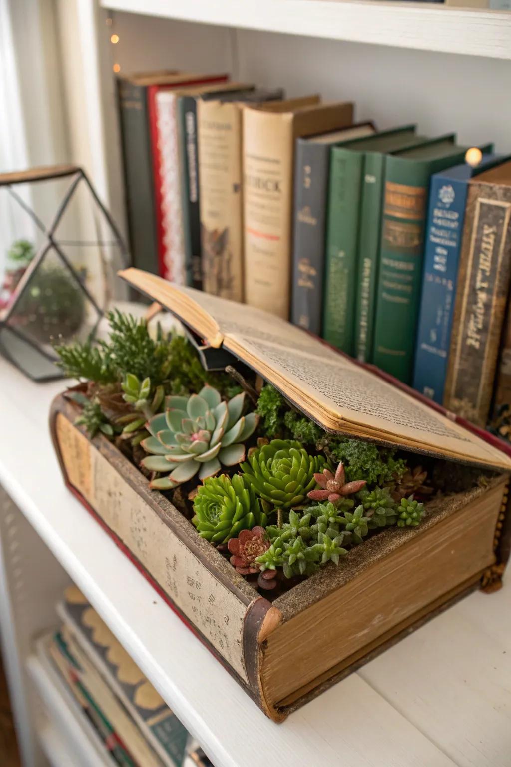 A unique planter made from a vintage book.