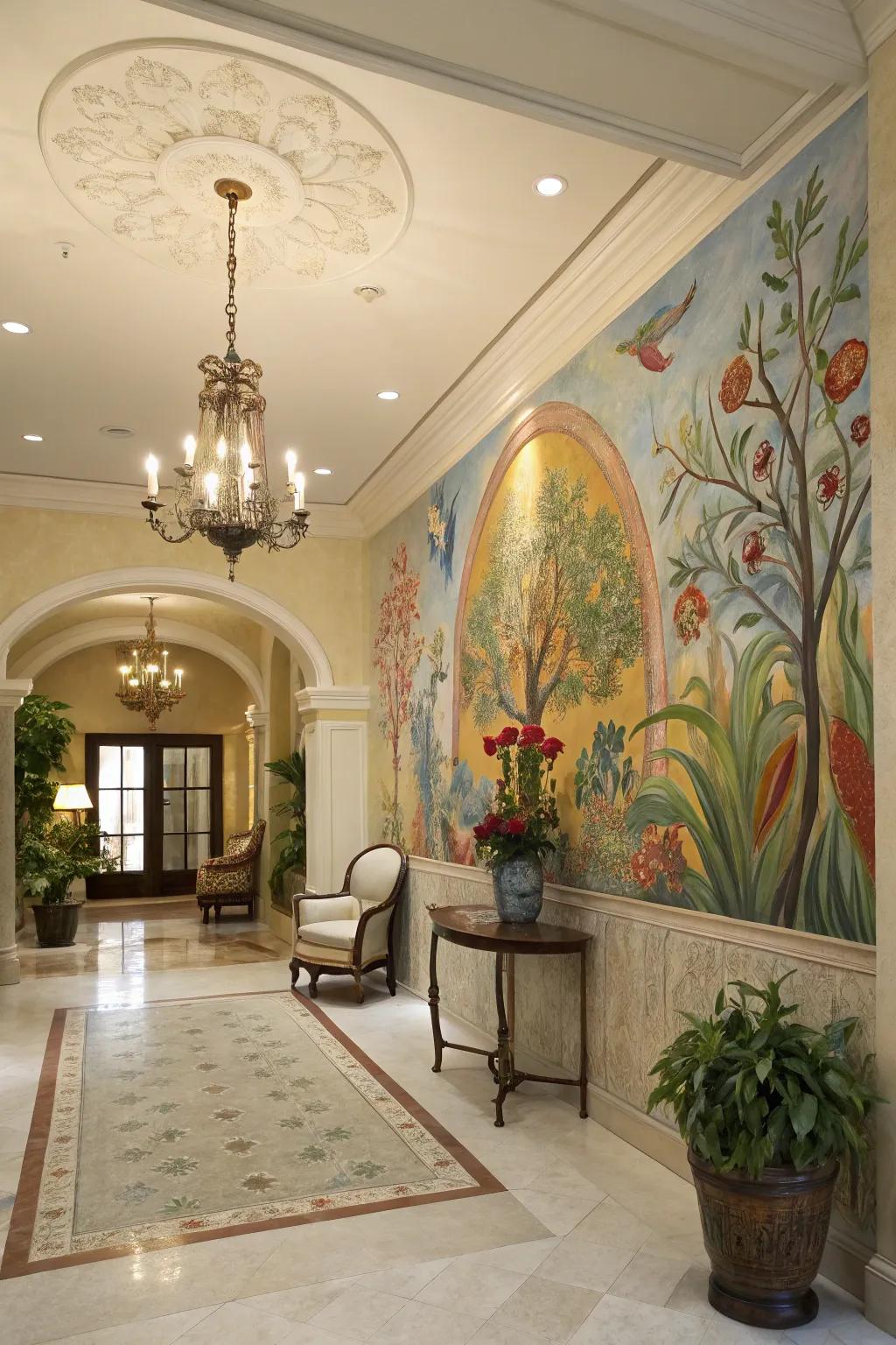 A hand-painted mural adds artistic flair to the entryway.