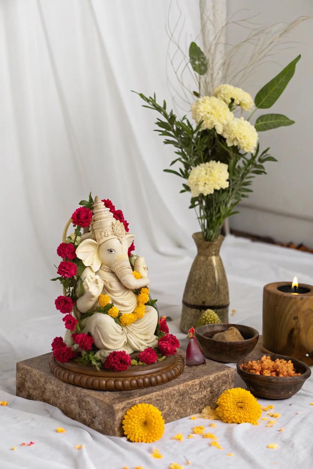 A minimalist setup with a single Ganesha idol and delicately placed flowers, exuding elegance.