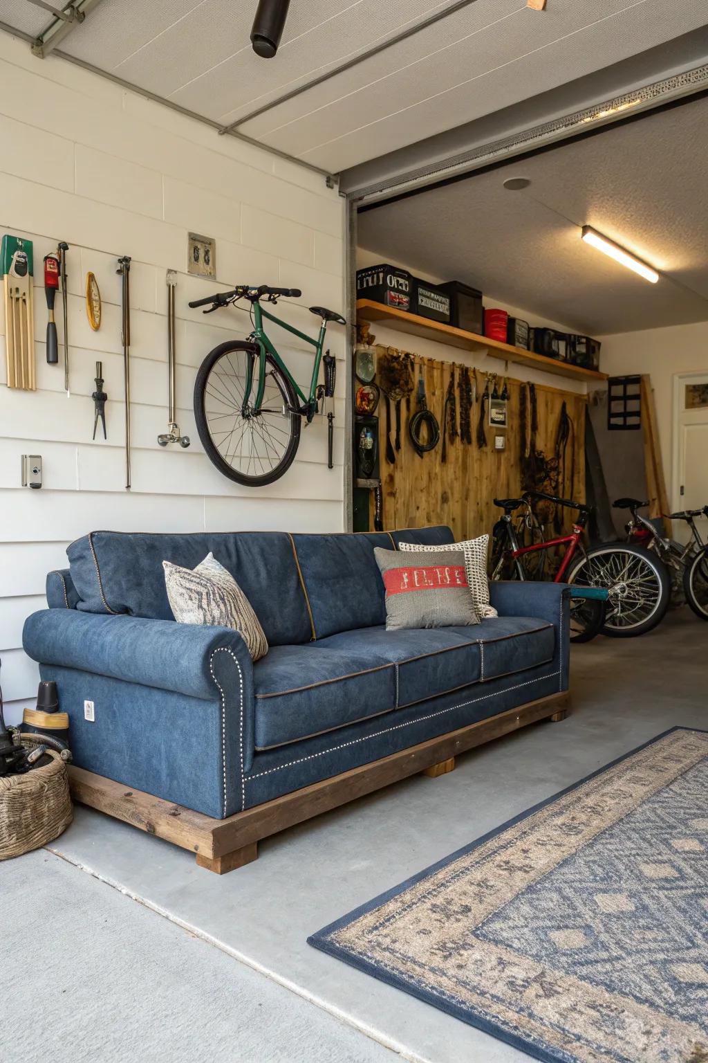 A rugged denim couch offers a casual and laid-back vibe for your garage.