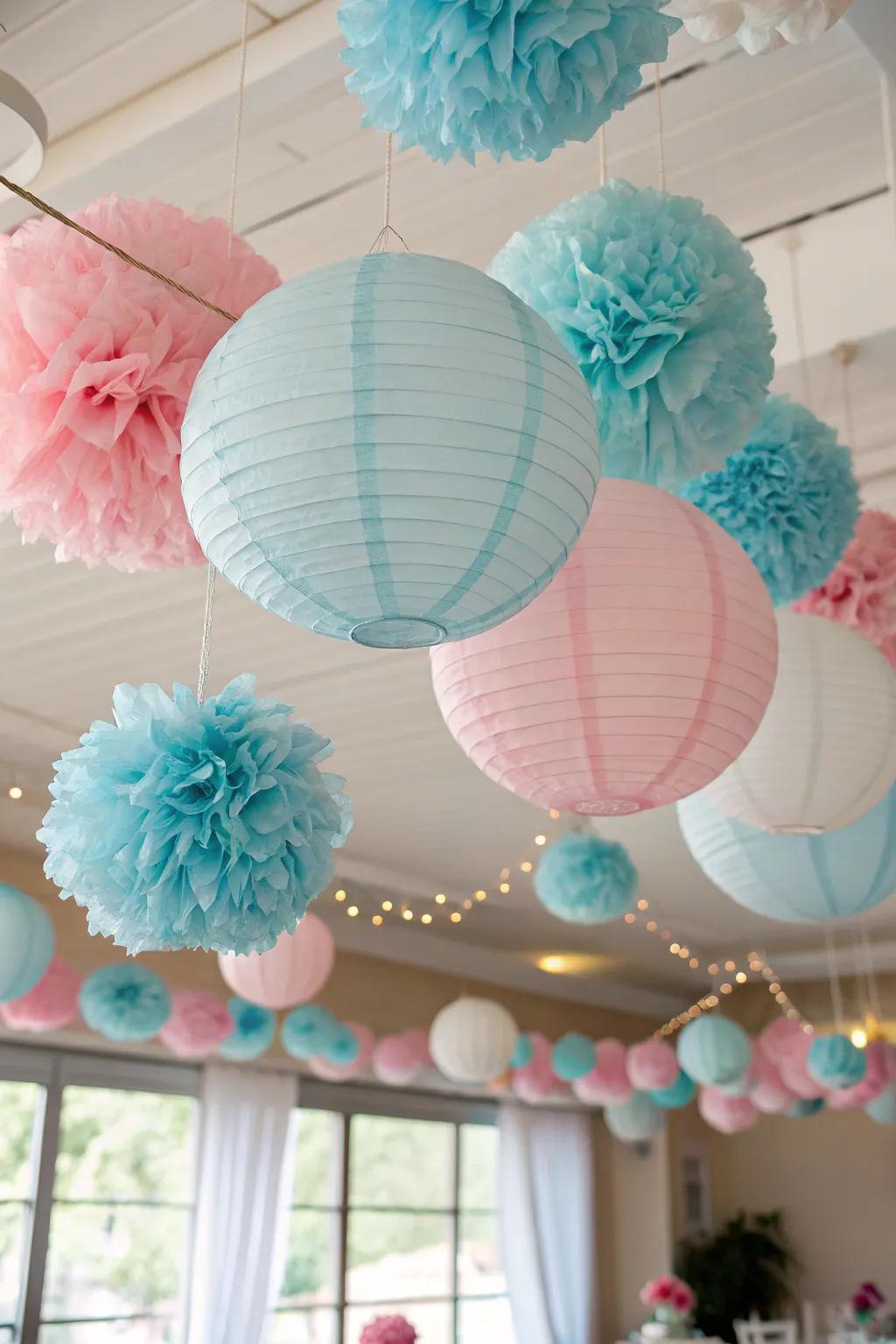 Whimsical overhead decor crafts an enchanting ambiance.