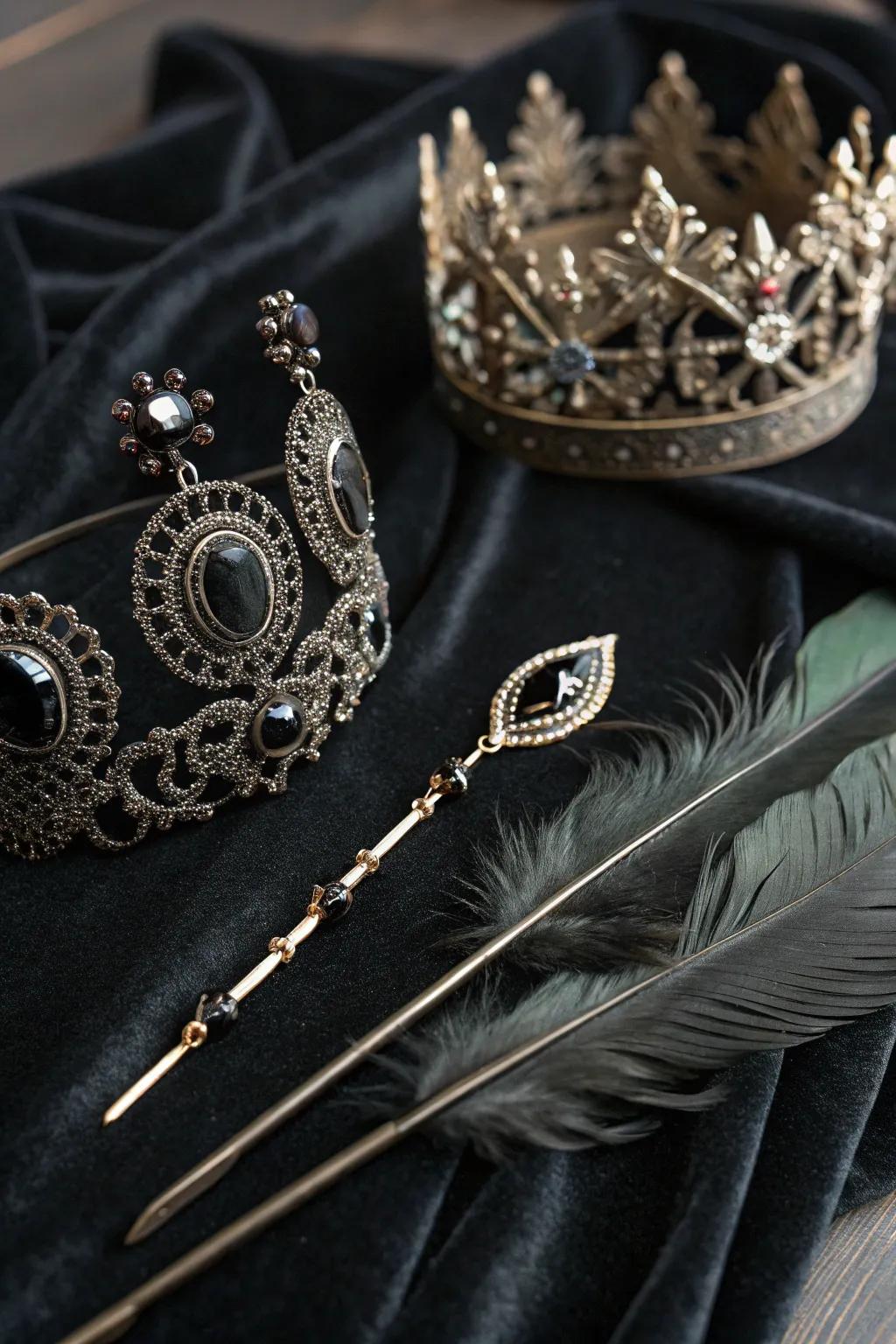 Gothic hair accessories with ornate pins and a crown.