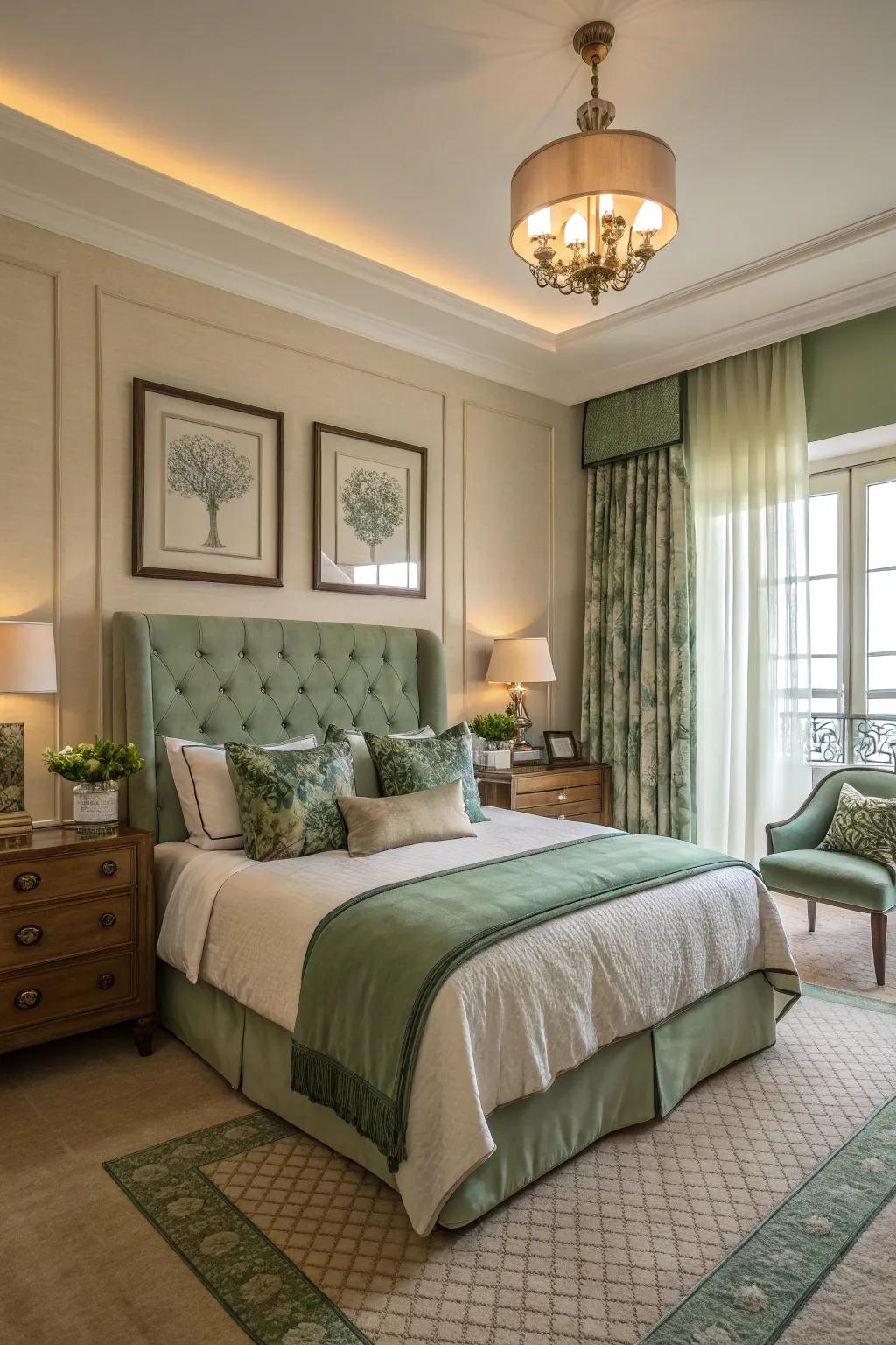 Green and neutral tones mingle seamlessly for a serene and balanced bedroom.
