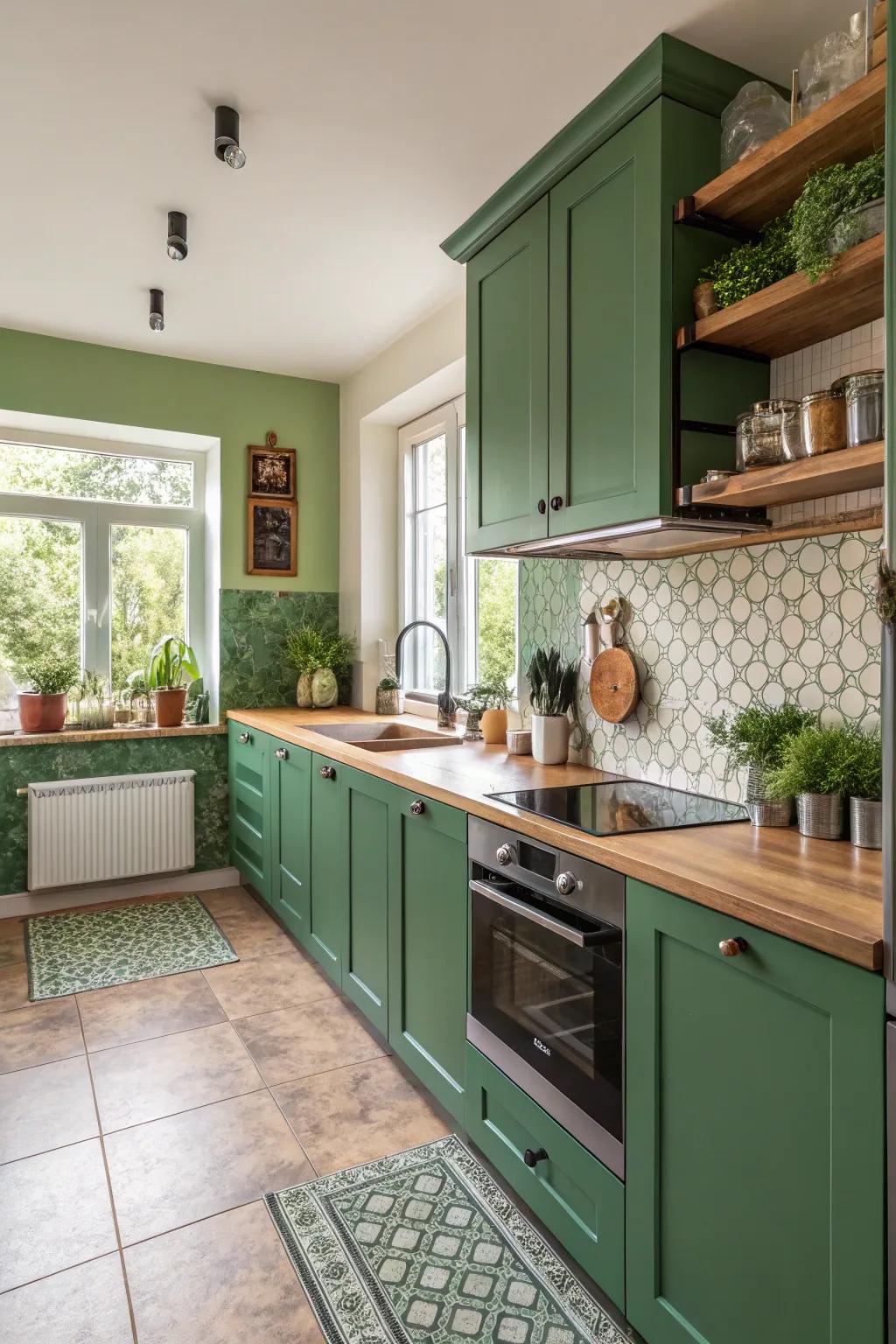 A green accent wall creating a vibrant backdrop in the kitchen.