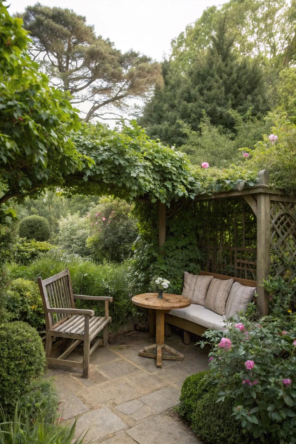 A secluded garden alcove, delivering a private getaway amid luxuriant verdure.