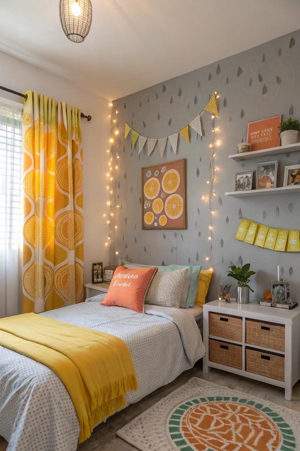 A burst of citrus adds energy to this grey feature wall.