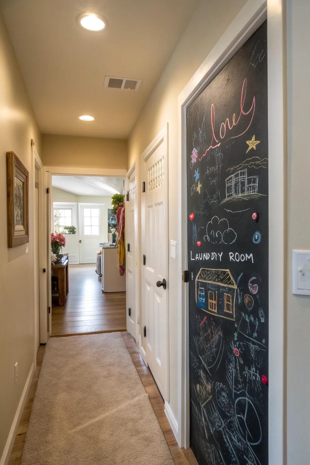 Chalkboard doors add creativity and functionality to a hallway laundry space.