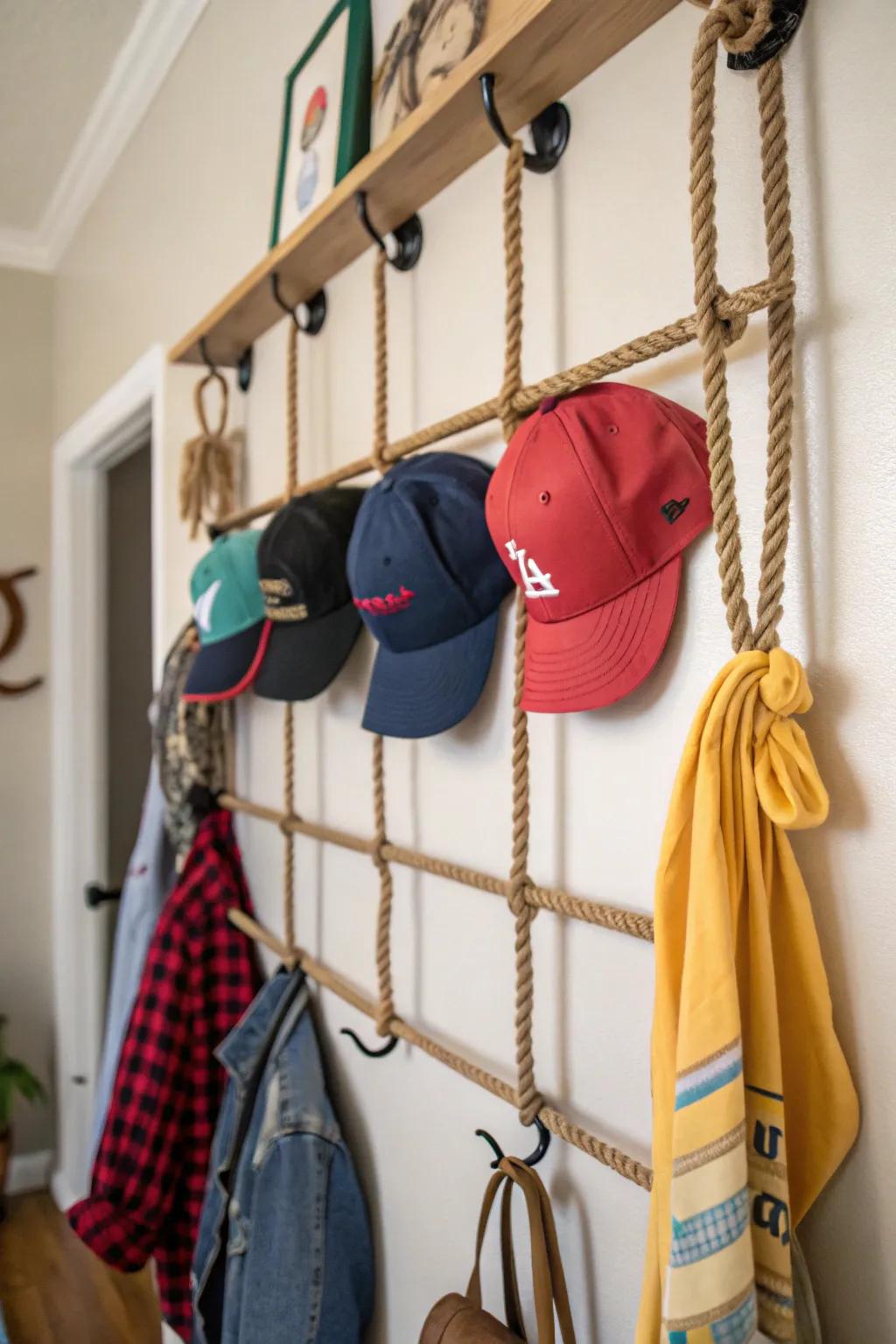 A rope rack adds a nautical charm to your hat collection.