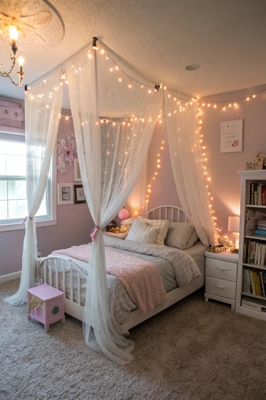Design a fairytale setting using a canopy headboard.