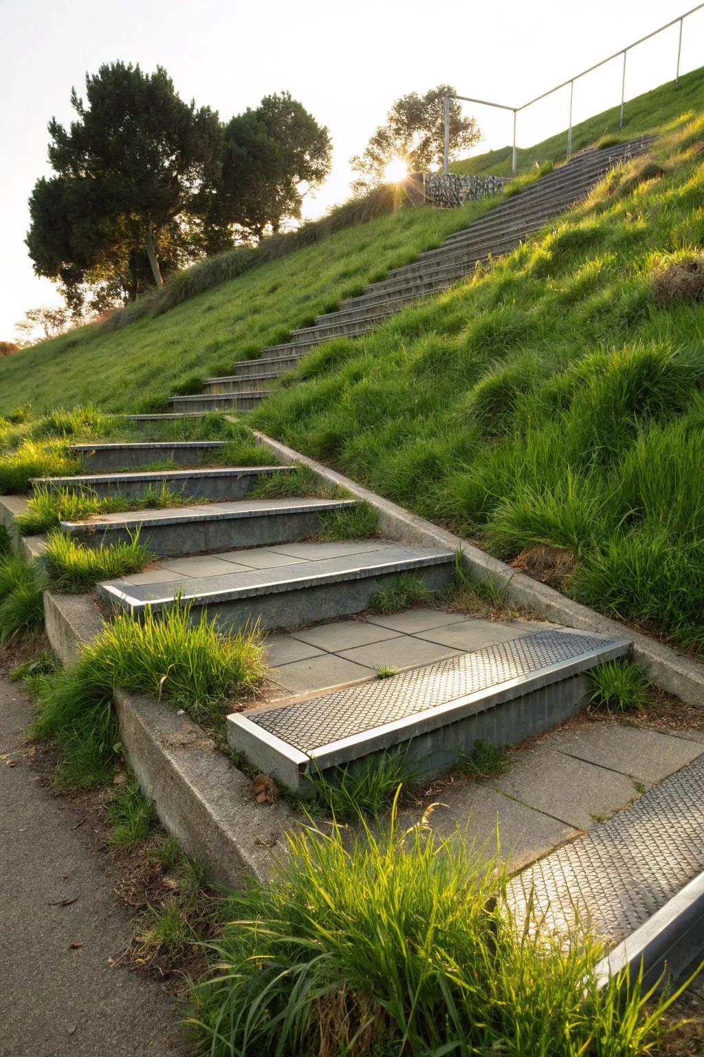 Steel edges bring a contemporary look to garden steps.