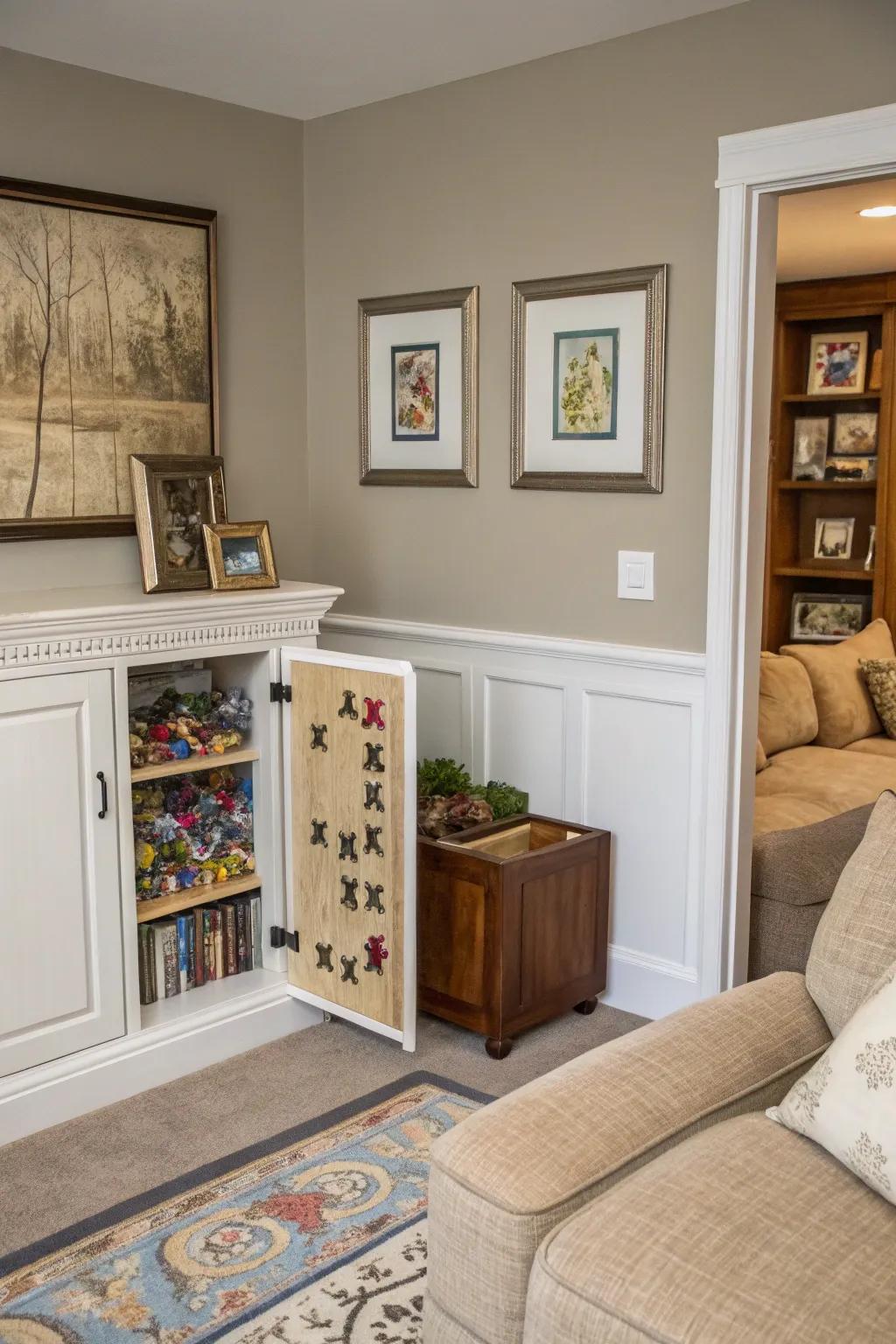 Storage that is hidden, keeping puzzles out of sight but handy.
