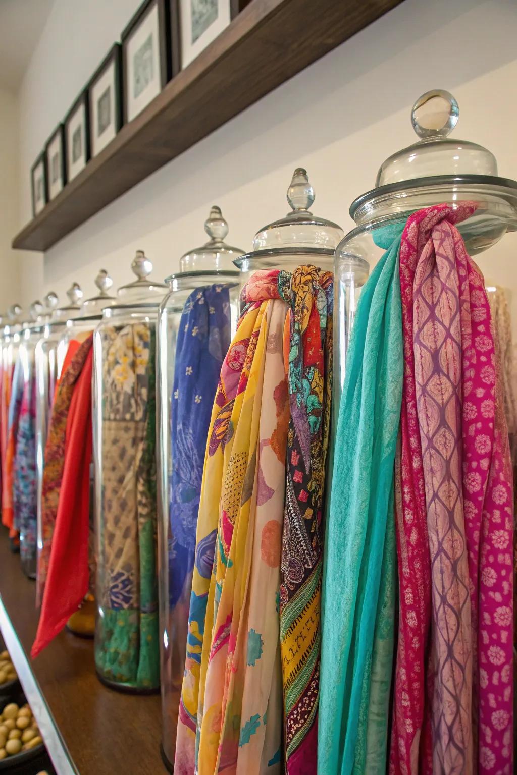 Glass jars provide decorative and protective storage for small scarves.