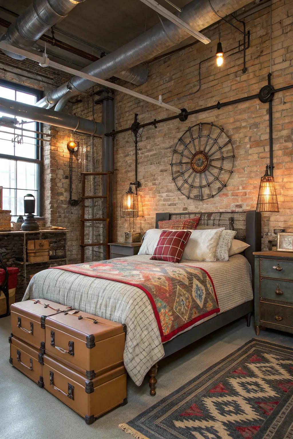 Repurposed industrial artifacts add authenticity to this bedroom.