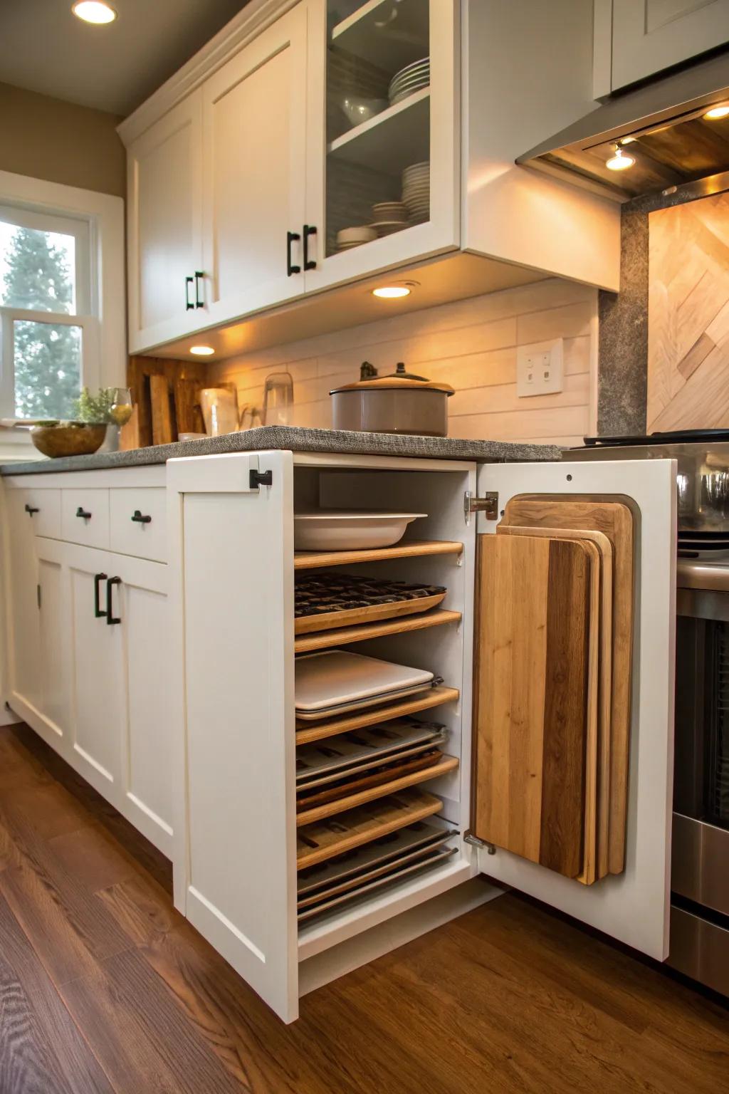 Skinny cabinets make use of narrow spaces efficiently.